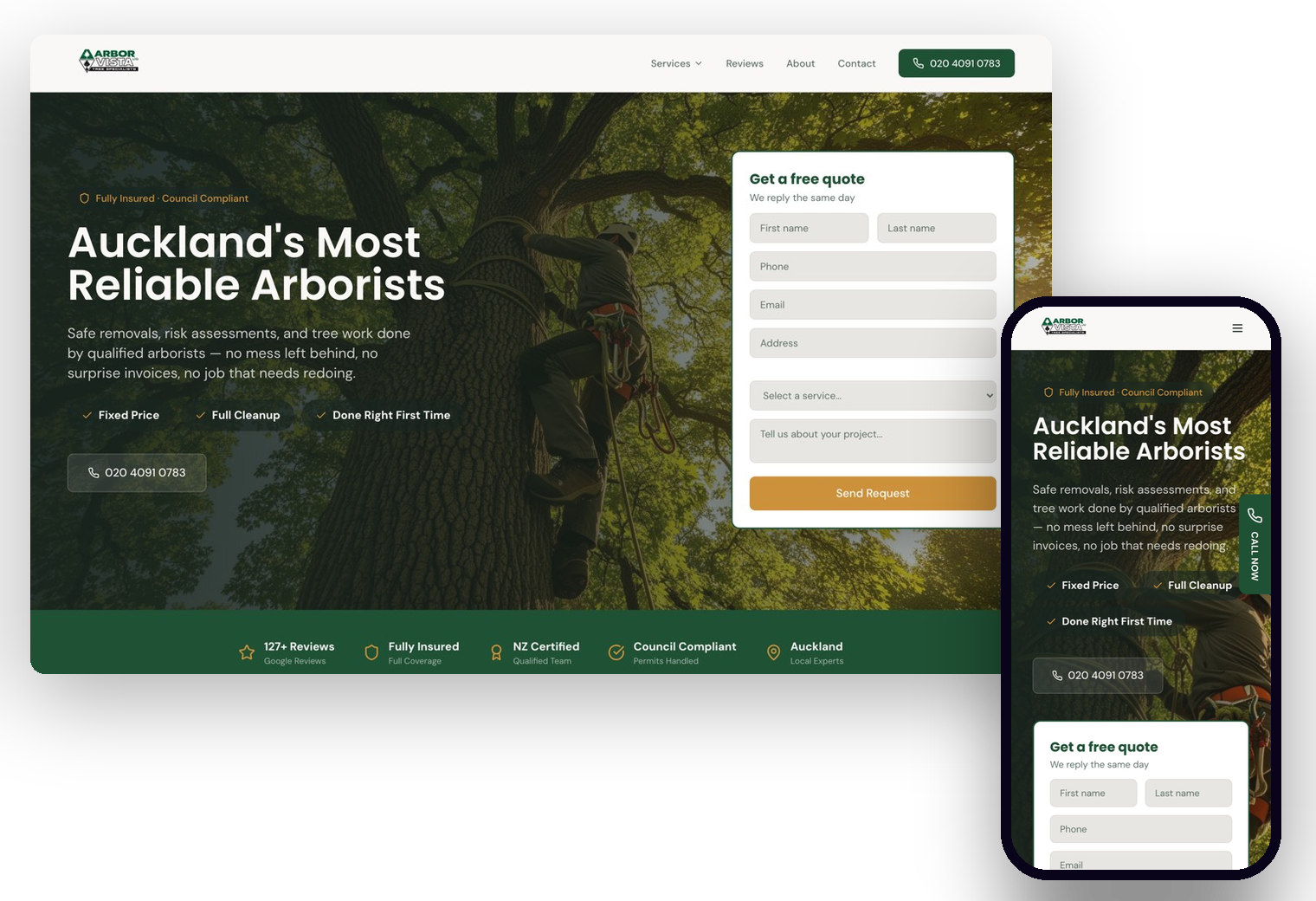 The Arbor Vista website we built, shown on desktop and mobile