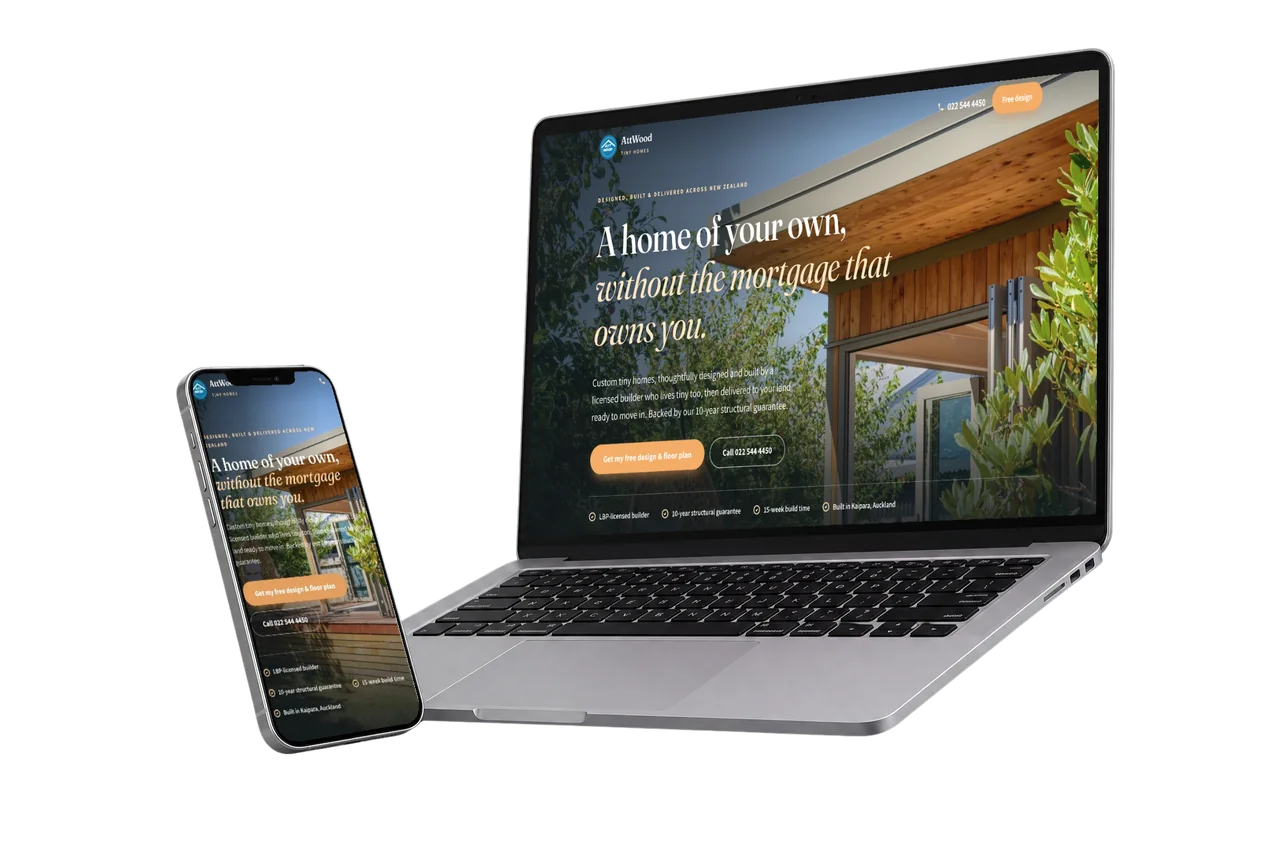 The Attwood Tiny Homes website we built, shown on desktop and mobile