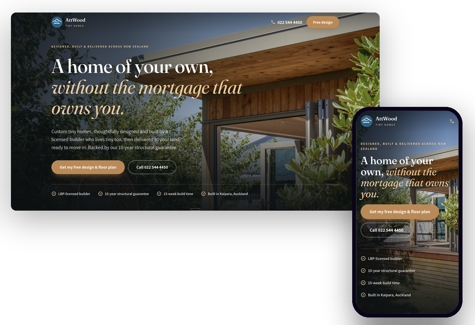 The Attwood Tiny Homes website we built, shown on desktop and mobile
