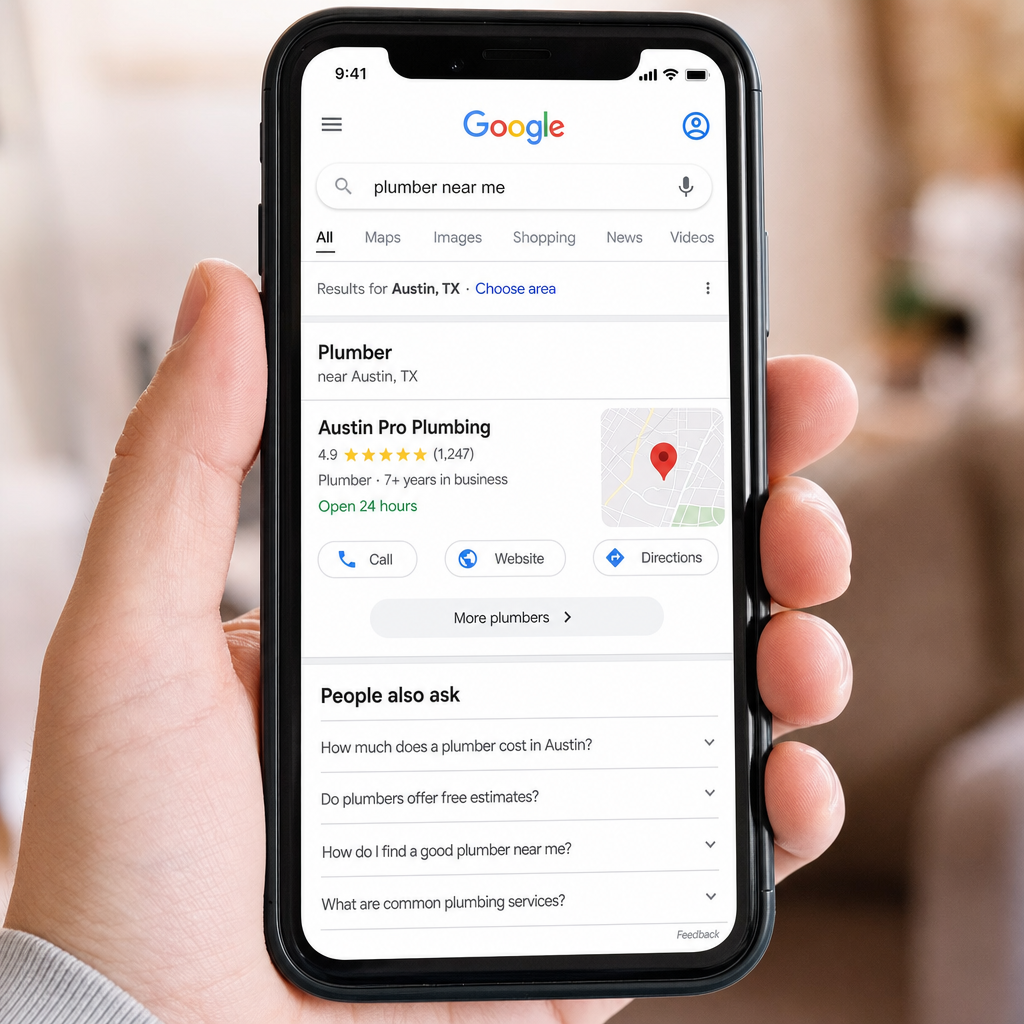 Business ranking #1 in Google search on a phone