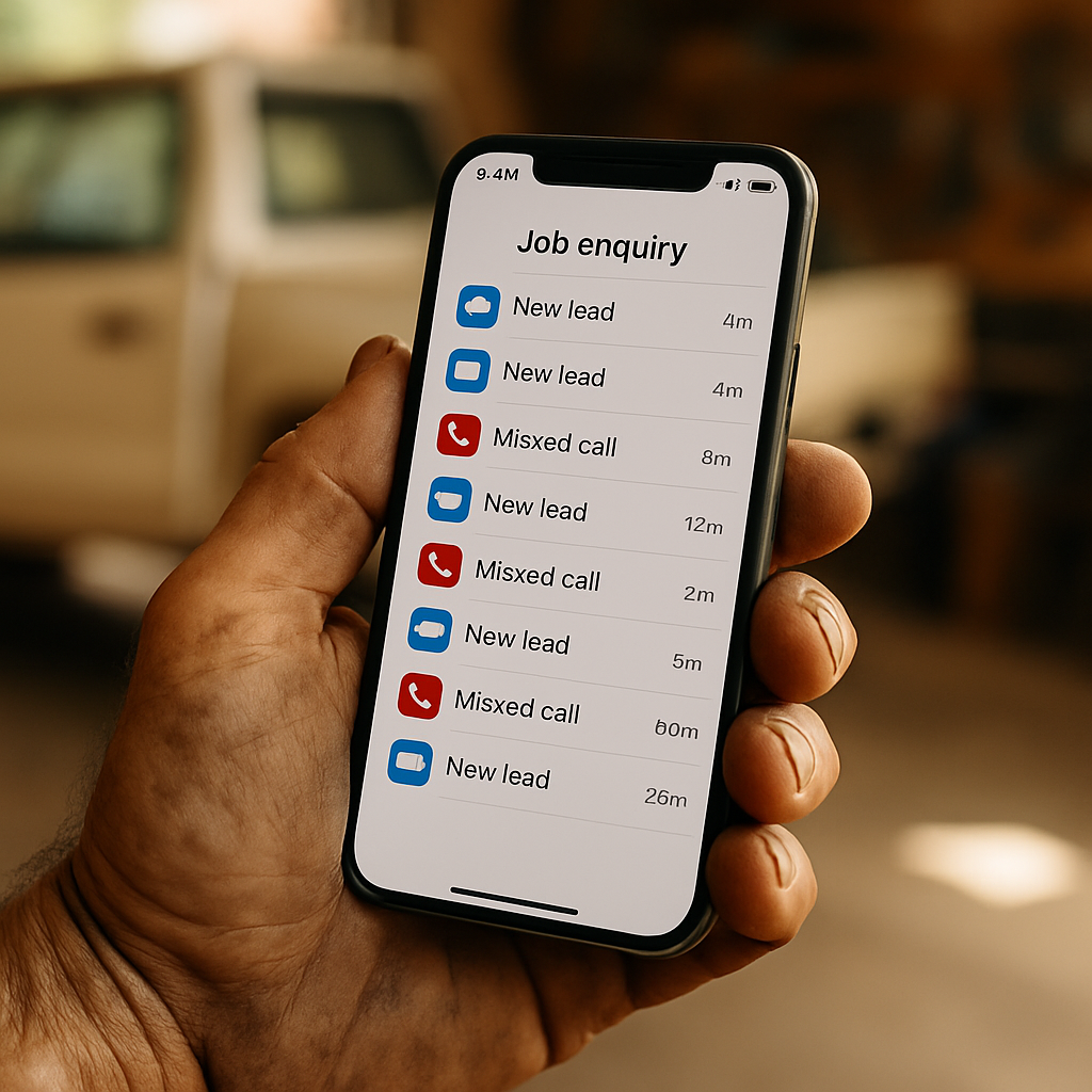 Incoming leads on a phone held by a tradesperson