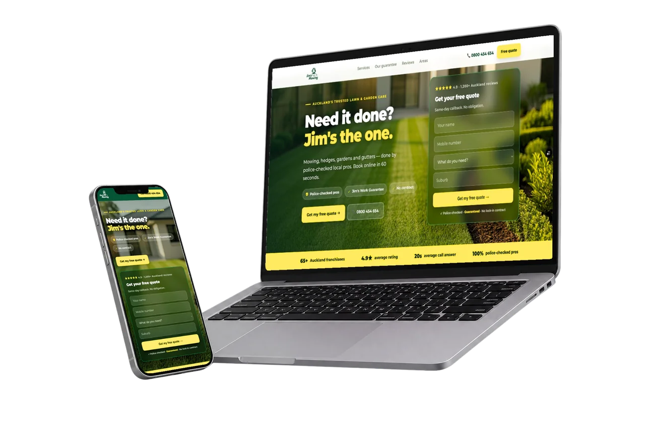 The Jim's Mowing website we built, shown on desktop and mobile