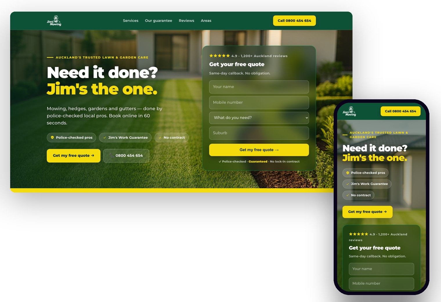The Jim's Mowing website we built, shown on desktop and mobile