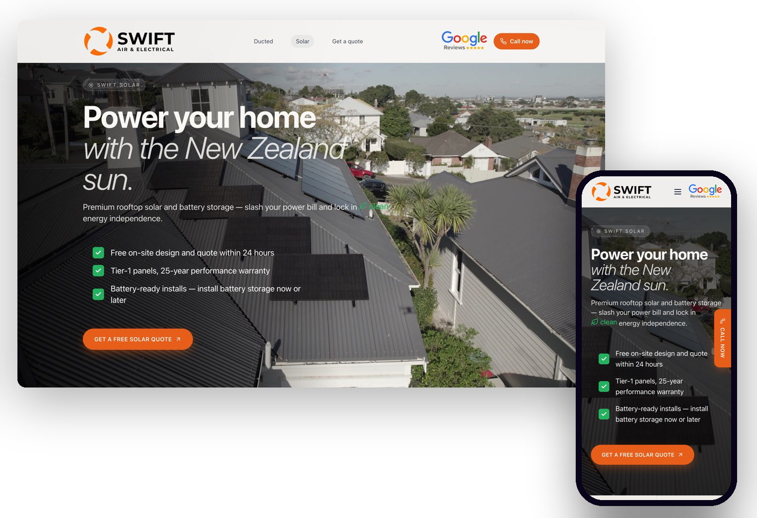 The Swift Air and Electrical website we built, shown on desktop and mobile
